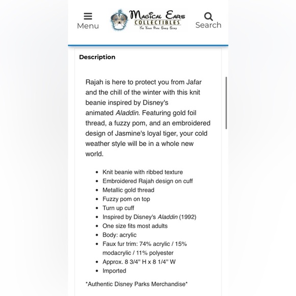 NWT Disney Aladdin Rajah gold pom beanie - Picture 5 of 5